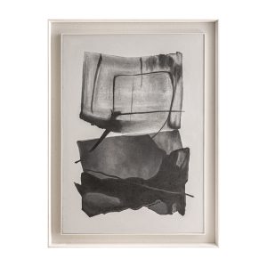 Cuadro Ohren de estilo contemporáneo, fabricado en lienzo en color gris, combinado con madera de pino en color blanco.