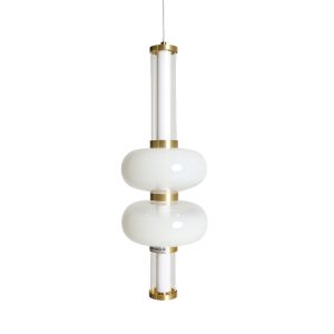Lámpara de colgar Rasvok de estilo art deco, fabricado en vidrio en color crema, combinado con acero en color bronce.