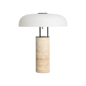 Lámpara de sobremesa Zizer de estilo art deco, fabricado en travertino en color beige, combinado con acero en color negro y vidrio en color blanco. Producto desmontable, desenfundable.