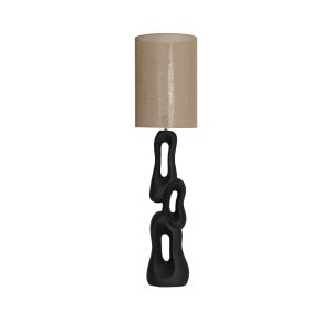 Lámpara de sobremesa Sinaia de estilo contemporáneo, fabricado en resina en color negro, combinado con rafia en color beige. Producto desmontable.