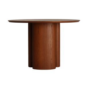 Mesa comedor Foam de estilo contemporáneo, fabricado en chapa de fresno en color nogal, combinado con madera dm en color marrón. Producto desmontable.