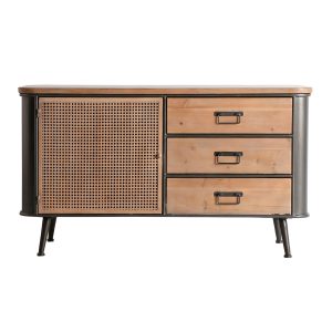 Aparador rectangular tirkane de estilo industrial, fabricado en hierro en color gris, combinado con madera de abeto en color marrón. Producto desmontable.