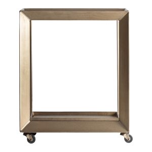 Camarera Sadillac de estilo art deco, fabricado en hierro en color dorado con acabado envejecido, combinado con vidrio en color ambar.