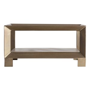 Mesa de centro Sadillac de estilo art deco, fabricado en hierro en color dorado con acabado envejecido, combinado con vidrio en color transparente. Producto desmontable.