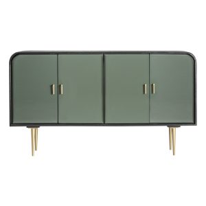 Aparador Robertie de estilo art deco, fabricado en madera de mango en color negro, combinado con madera dm en color verde con acabado brillo en color dorado. Producto desmontable.