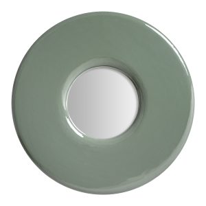 Espejo, fabricado en madera de mango en color verde con acabado brillo, combinado con espejo y madera dm en color marrón.