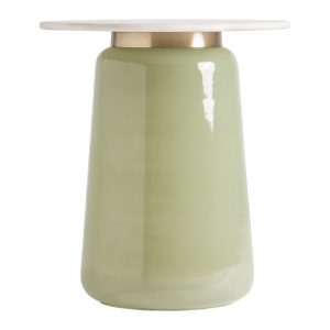 Mesa auxiliar Melia de estilo contemporáneo, fabricado en vidrio en color pistacho, combinado con mármol en color blanco y acero en color dorado. Producto desmontable.