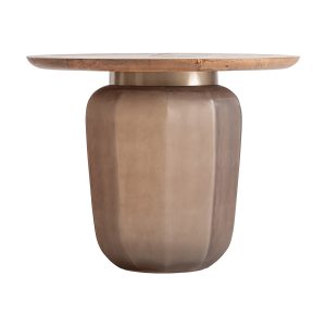 Mesa de centro Silvo de estilo contemporáneo, fabricado en vidrio en color marrón, combinado con madera de mango en color marrón y acero en color dorado. Producto desmontable.