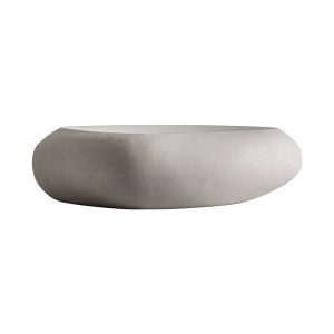 Mesa de centro Makou de estilo contemporáneo, fabricado en arcilla en color blanco roto, combinado con fibra de vidrio.