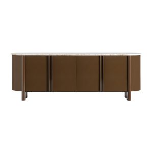 Aparador Lanxade de estilo art deco, fabricado en mármol en color beige con acabado brillo, combinado con madera dm en color marrón con acabado brillo. Producto desmontable.