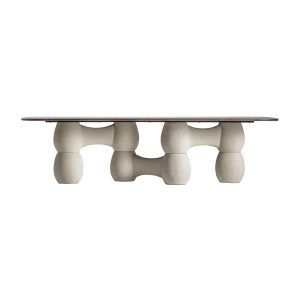 Mesa comedor Sivadal de estilo contemporáneo, fabricado en madera en color crema, combinado con hormigón en color blanco roto. Producto desmontable.