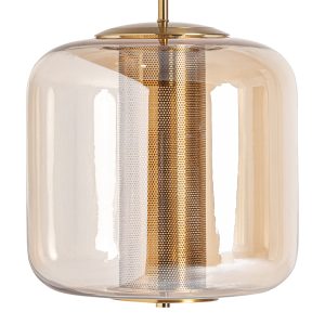 Lámpara de colgar Koda de estilo art deco, fabricado en vidrio en color ambar con acabado ahumado, combinado con hierro en color dorado.