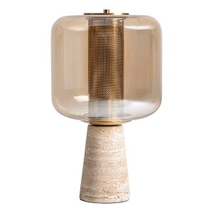Lámpara de sobremesa Koda de estilo art deco, fabricado en vidrio en color ambar con acabado ahumado, combinado con travertino en color beige y hierro en color dorado.
