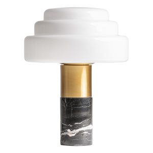 Lámpara de sobremesa Dante de estilo art deco, fabricado en vidrio en color marfil, combinado con mármol en color negro con acabado veteado brillo y hierro en color dorado.