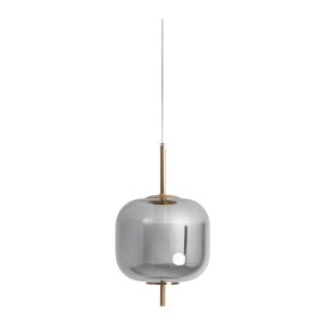 Lámpara de colgar Usnavi de estilo contemporáneo, fabricado en vidrio en color gris con acabado ahumado, combinado con hierro en color dorado.
