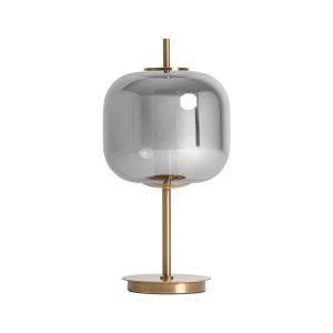 Lámpara de sobremesa Usnavi de estilo contemporáneo, fabricado en vidrio en color gris con acabado ahumado, combinado con hierro en color dorado. Producto desmontable.