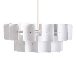 Lámpara de colgar Muffin de estilo contemporáneo, fabricado en acrílico en color blanco, combinado con acero en color beige. Producto desmontable.